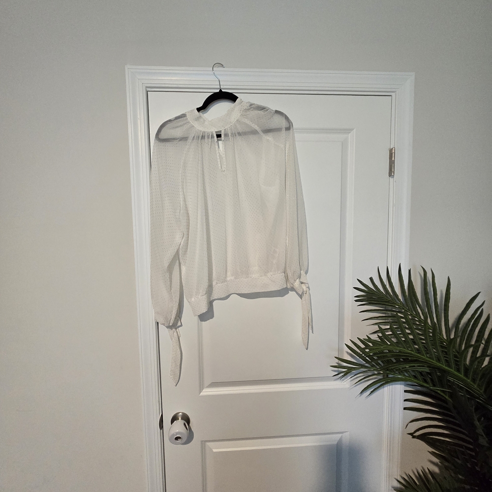 Express Sheer White Blouse with Tie Accents